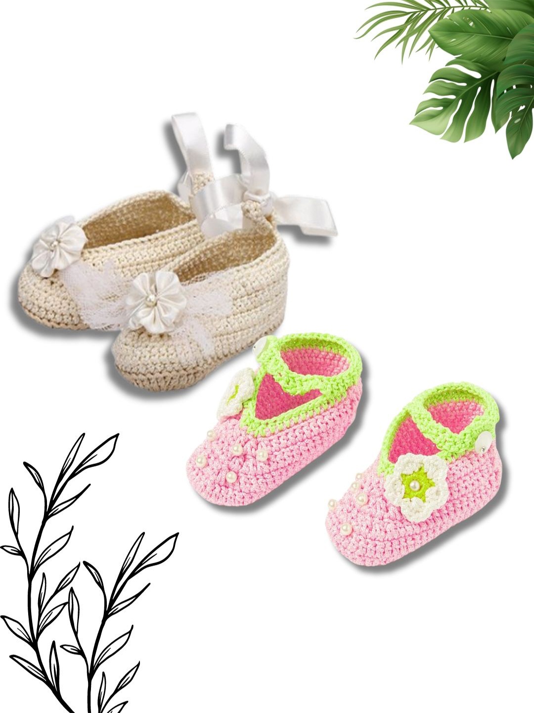

FUNKRAFTS Girls Handmade Pack of 2 Crochet Acrylic Booties, Pink
