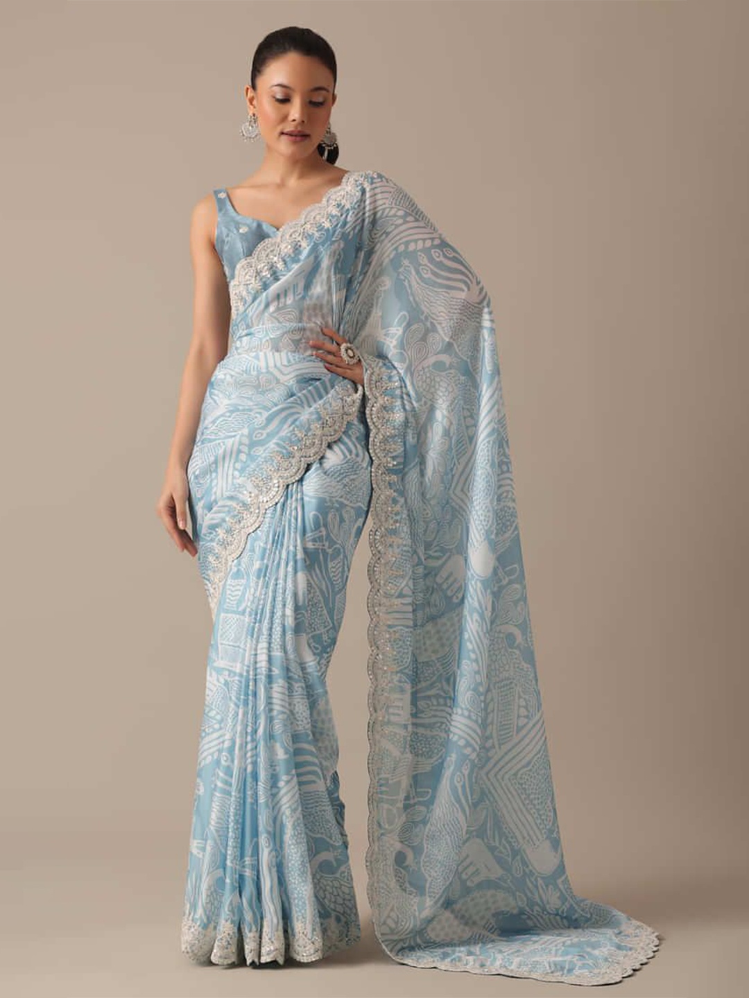 

Jinal & Jinal Floral Embroidered Sequinned Poly Georgette Saree, Blue