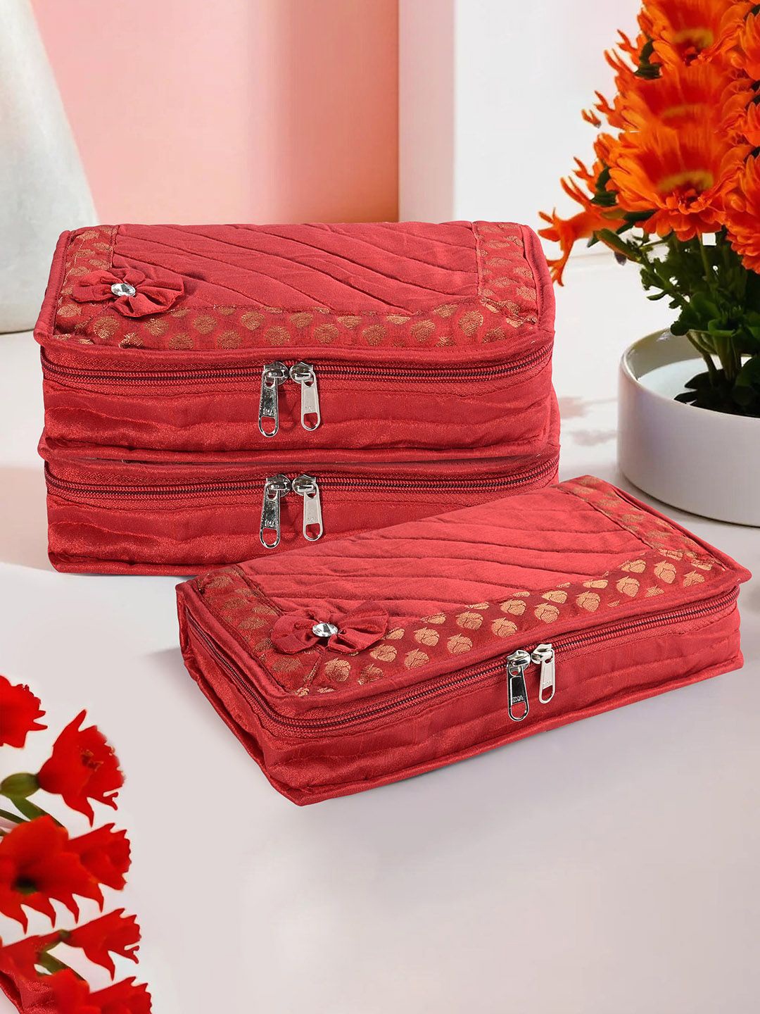 

Kuber Industries Red 3 Pieces Self Design Jewellery Organisers