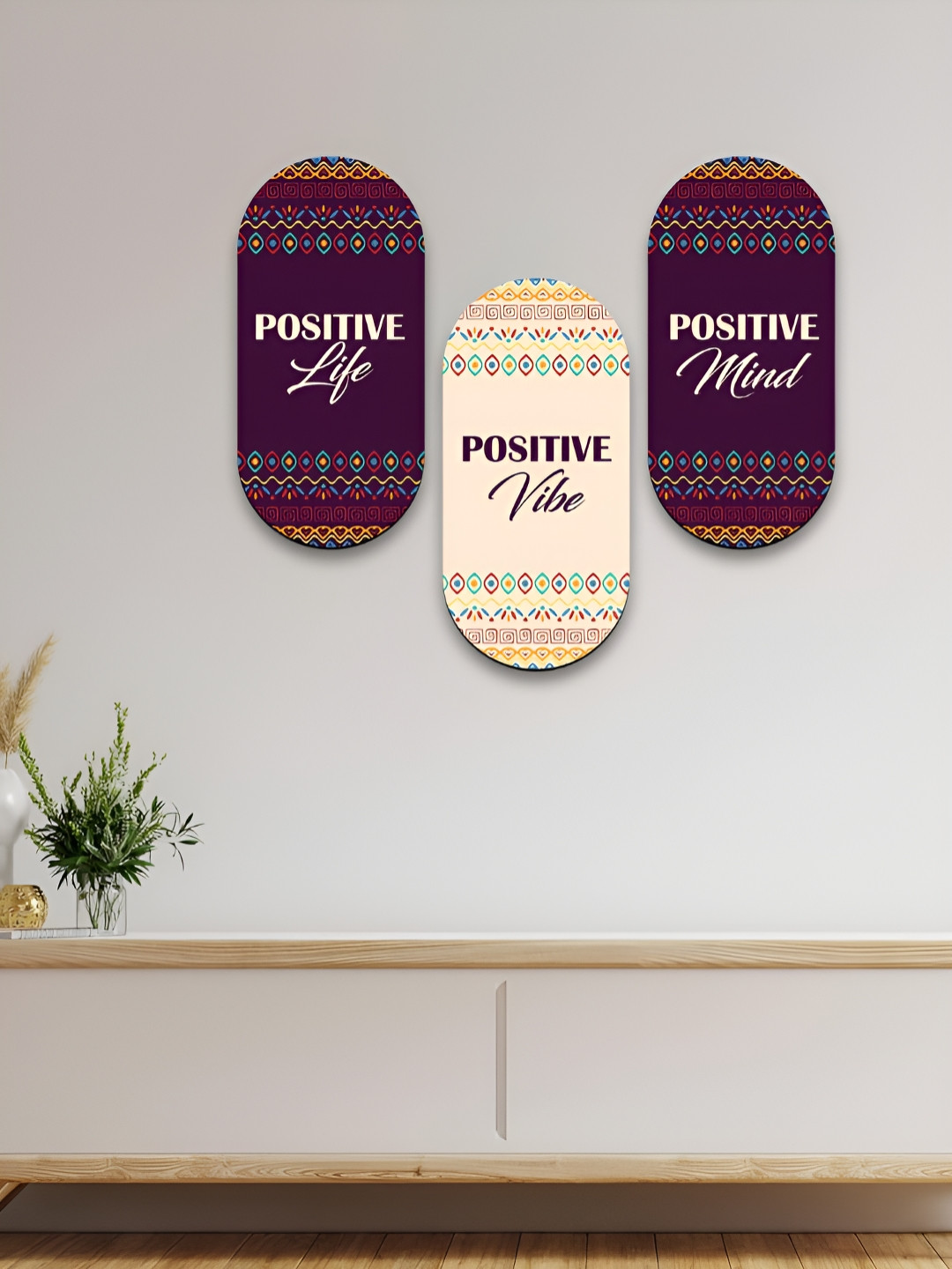 

CLAWCRAFTS Purple and Cream Colored 3 Pieces Quotes Detail Wooden Wall Hangings