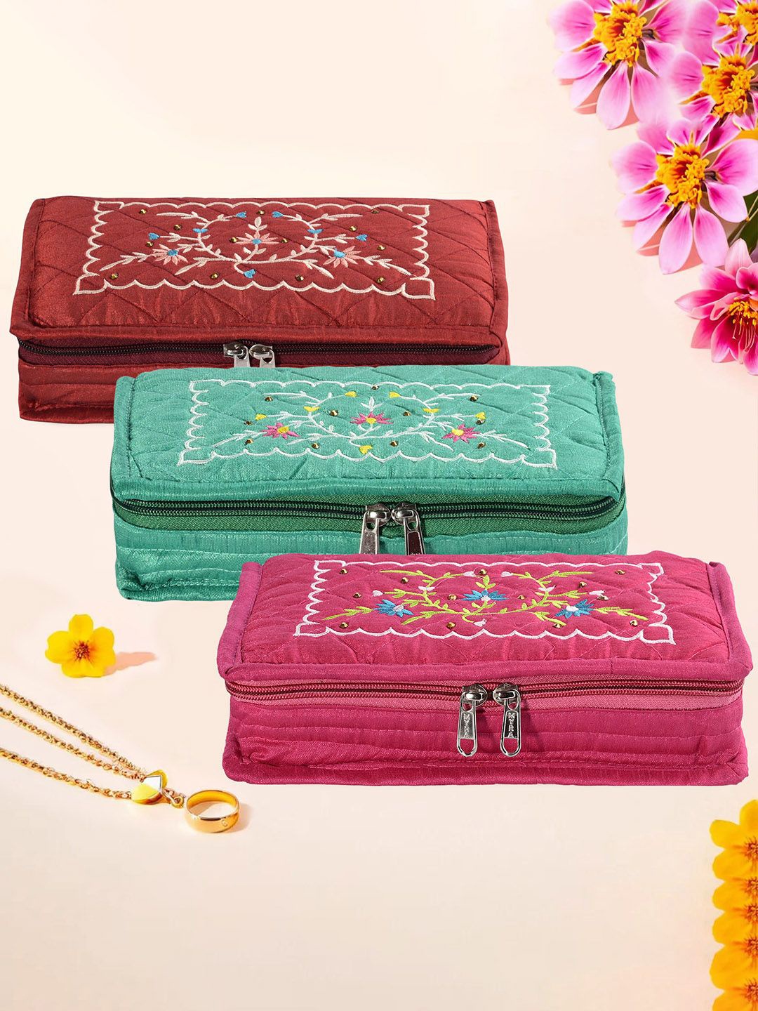 

Kuber Industries Maroon & Green 3 Pieces Jewellery Organiser