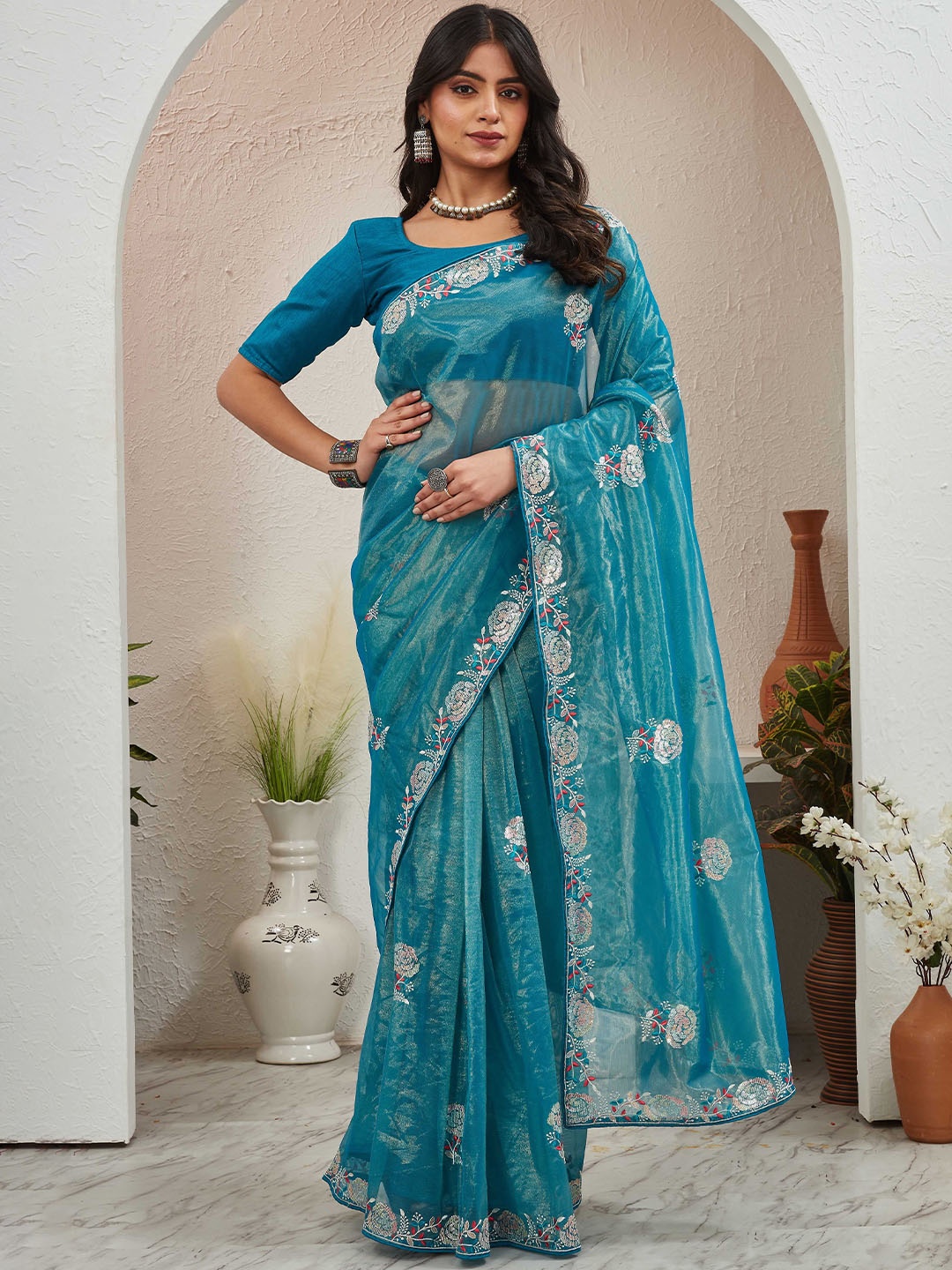 

Globon Impex Floral Embroidered Organza Saree, Blue