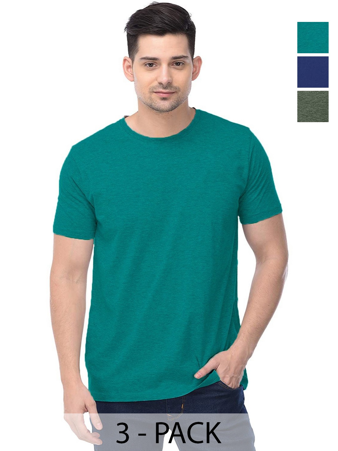 

COLOR CAPITAL Unisex Pack Of 3 Solid Round Neck Cotton T-shirts, Green