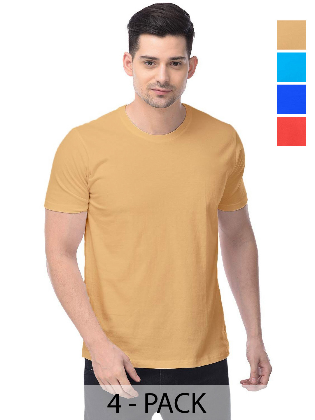 

COLOR CAPITAL Unisex Pack Of 4 Solid Round Neck Cotton T-shirts, Mustard