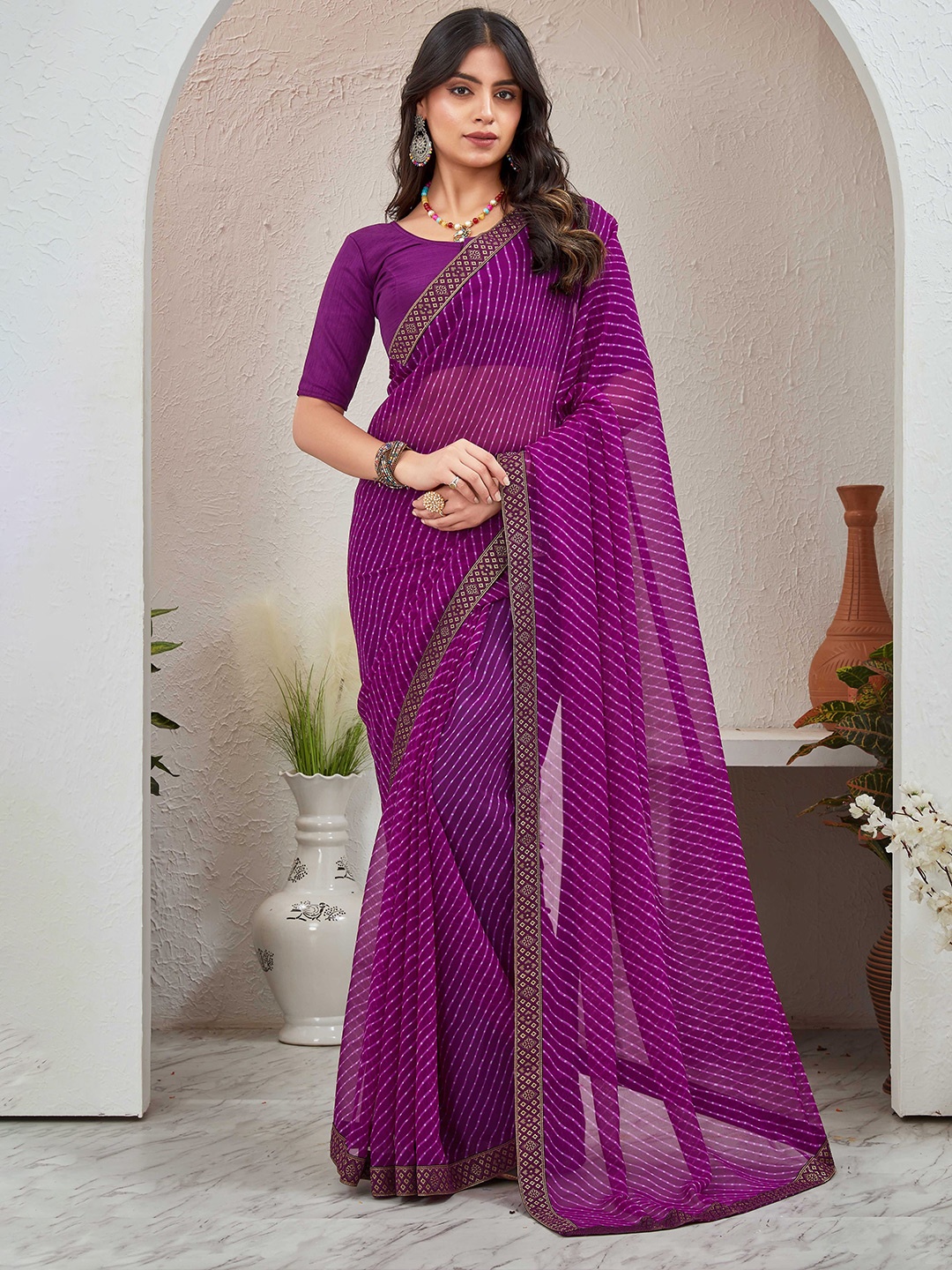 

Globon Impex Leheriya Woven Design Zari Pure Georgette Saree, Purple