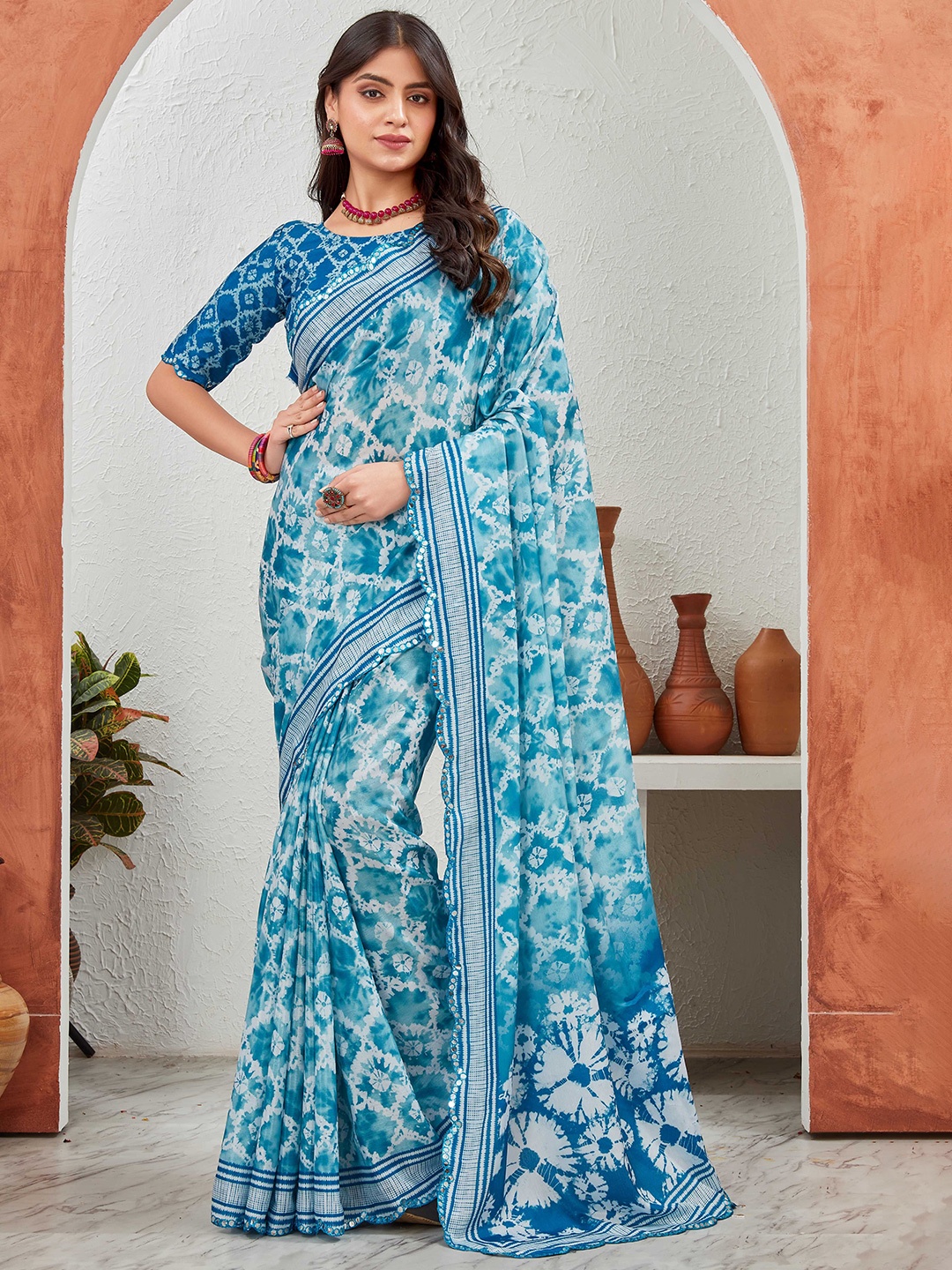 

Globon Impex Floral Mirror Work Pure Chiffon Saree, Blue