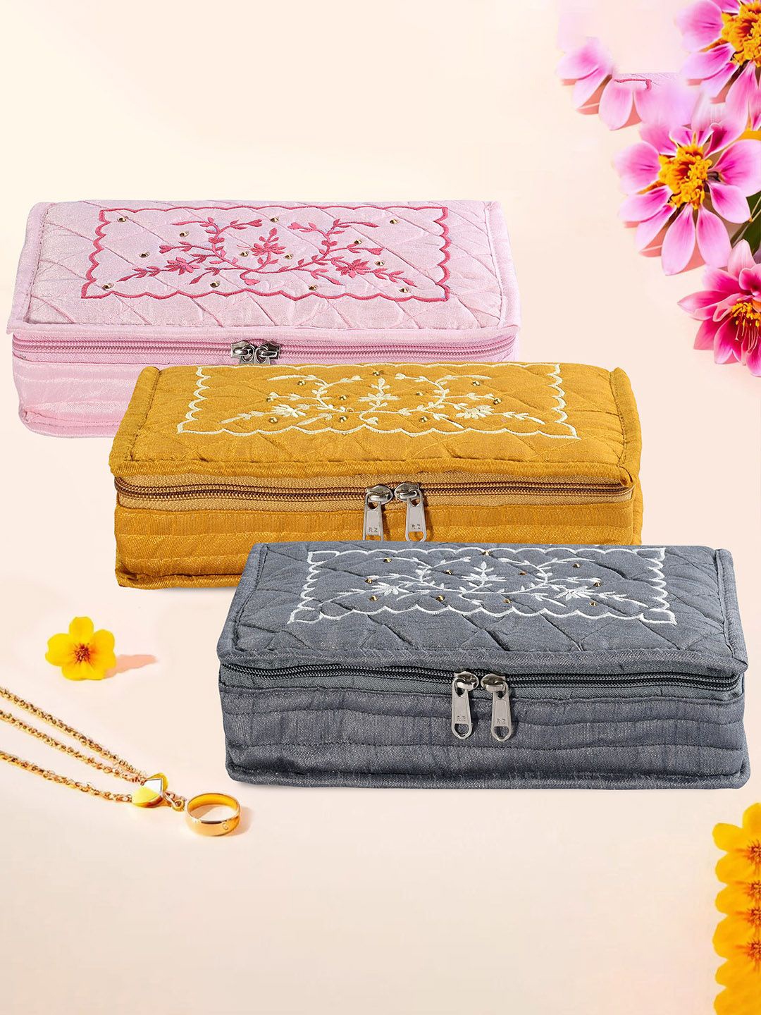 

Kuber Industries Grey & Yellow 3 Pieces Floral Embroidered Jewellery Organisers