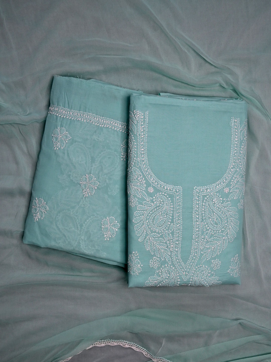 

Seva Chikan Ethnic Motifs Embroidered Chikankari Unstitched Dress Material, Sea green