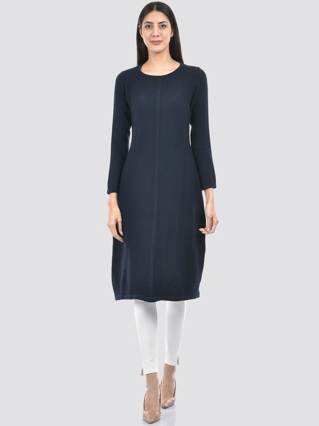 

American Eye Round Neck Acrylic Straight Kurta, Navy blue