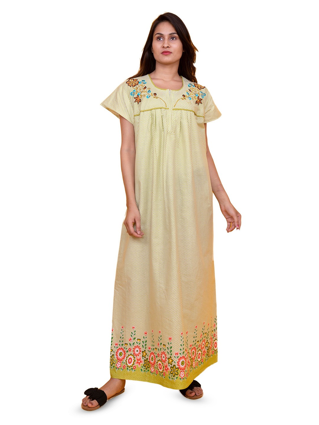 

MAYA PRINT Polka Dots Embroidered Maxi Nightdress, Yellow