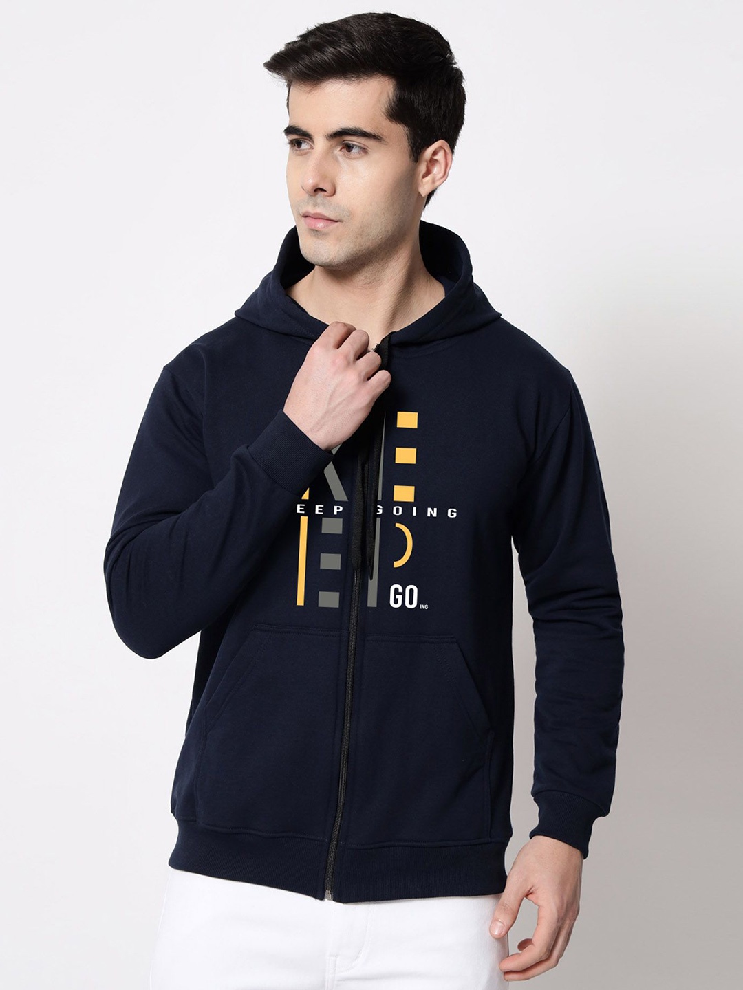 

SLOWLORIS Men Typography Printed Hooded Sweatshirt, Navy blue