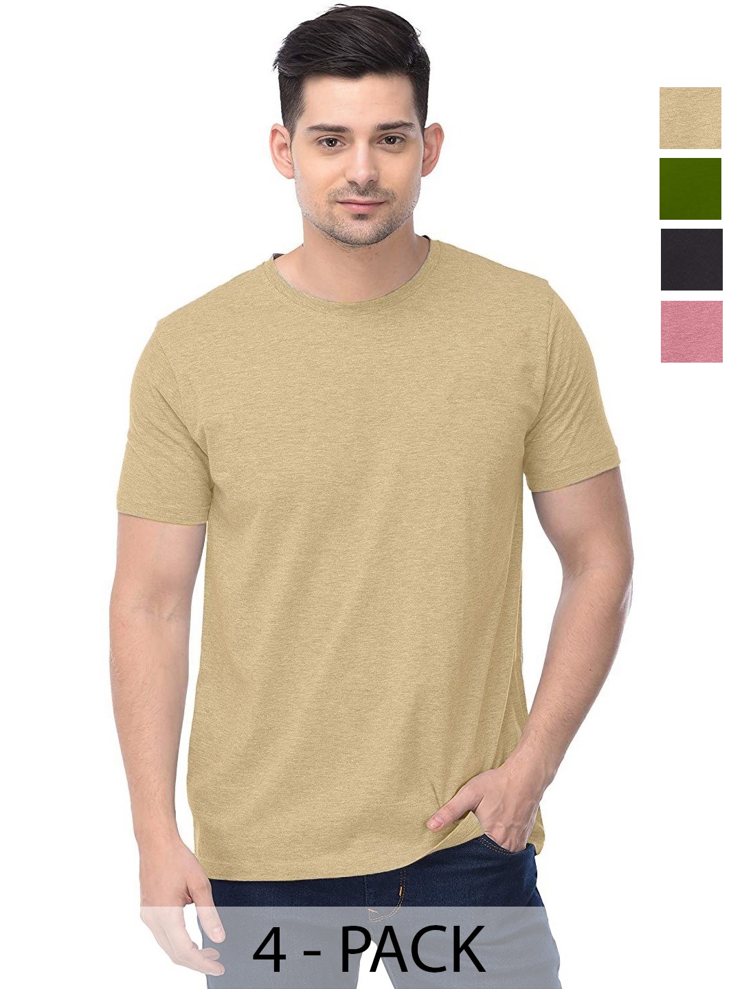 

COLOR CAPITAL Unisex Pack Of 4 Solid Round Neck Cotton T-shirts, Green