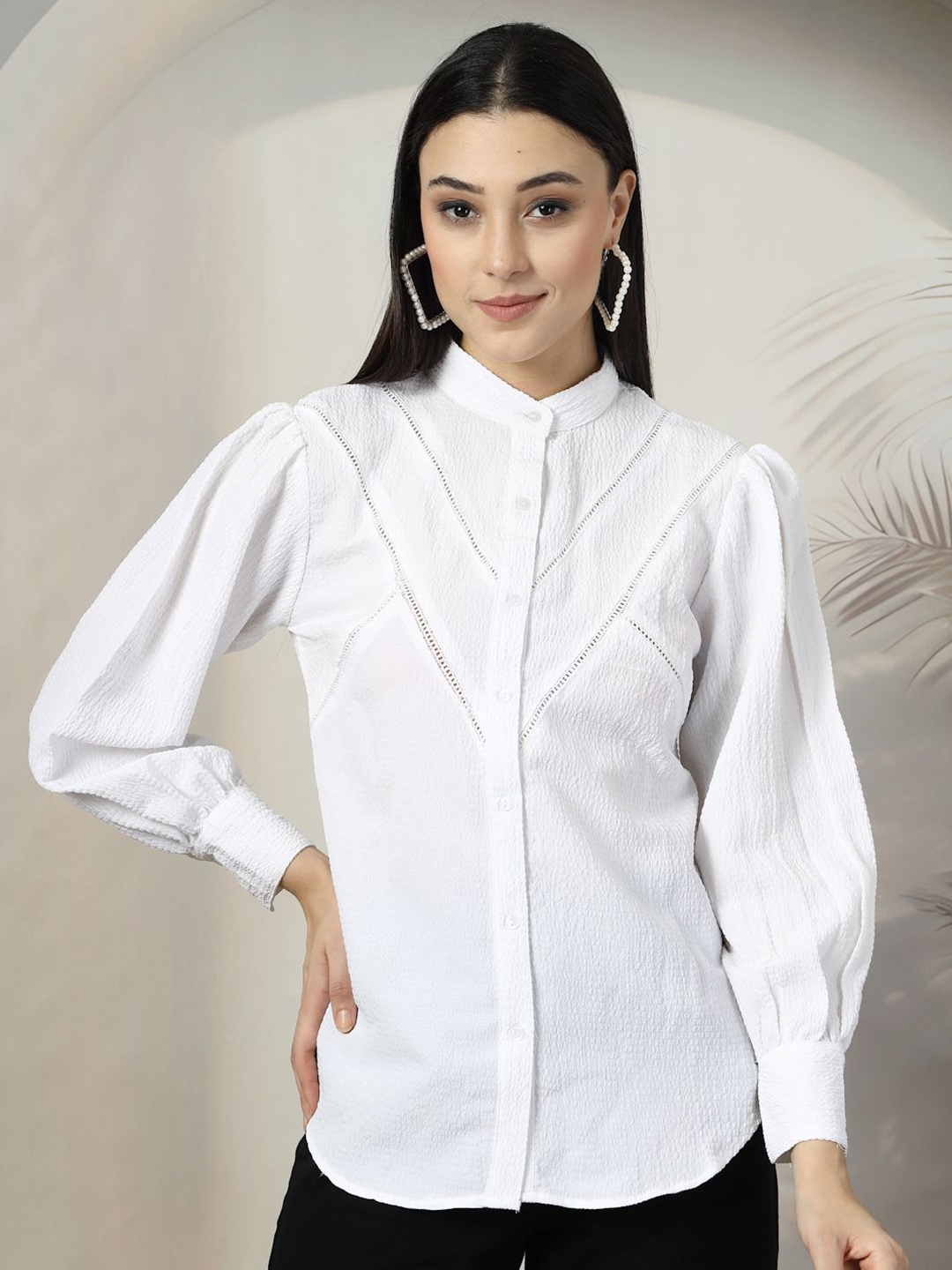 

plusS Women Standard Band Collar Solid Casual Shirt, White