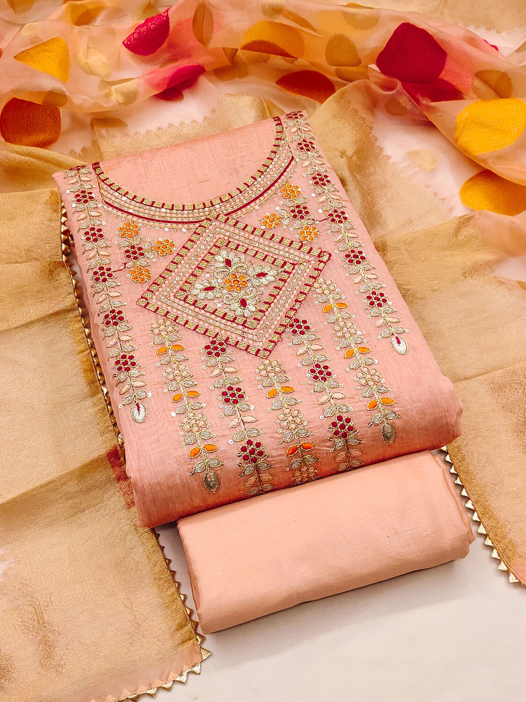 

MANVAA Floral Embroidered Sequinned Unstitched Dress Material, Peach