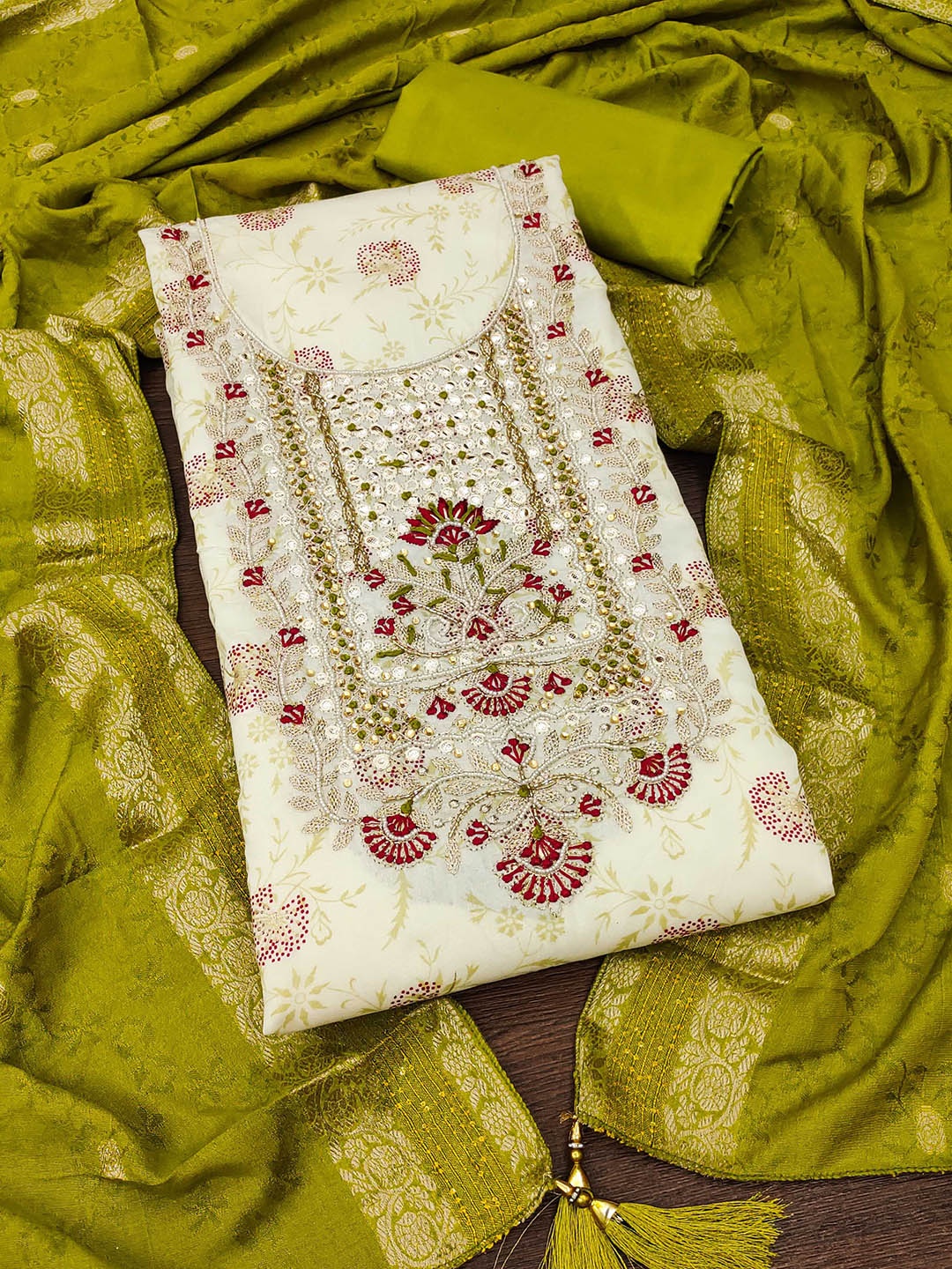 

MANVAA Floral Embroidered Unstitched Dress Material, Off white