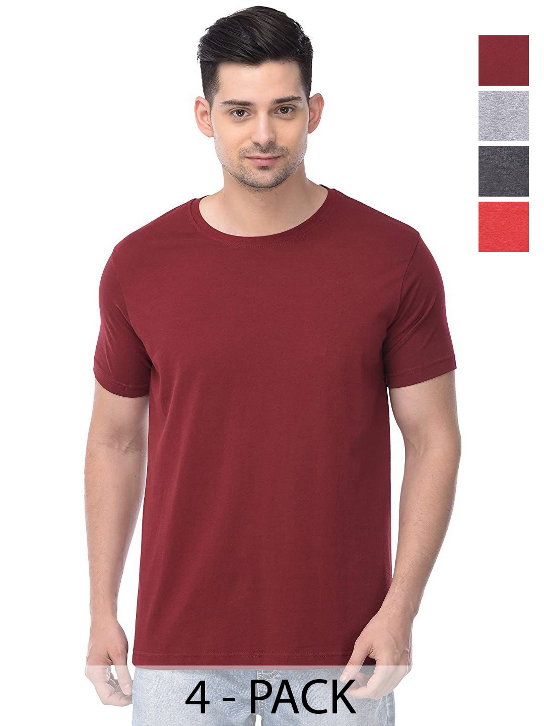 

COLOR CAPITAL Unisex Pack Of 4 Solid Round Neck Cotton T-shirts, Maroon