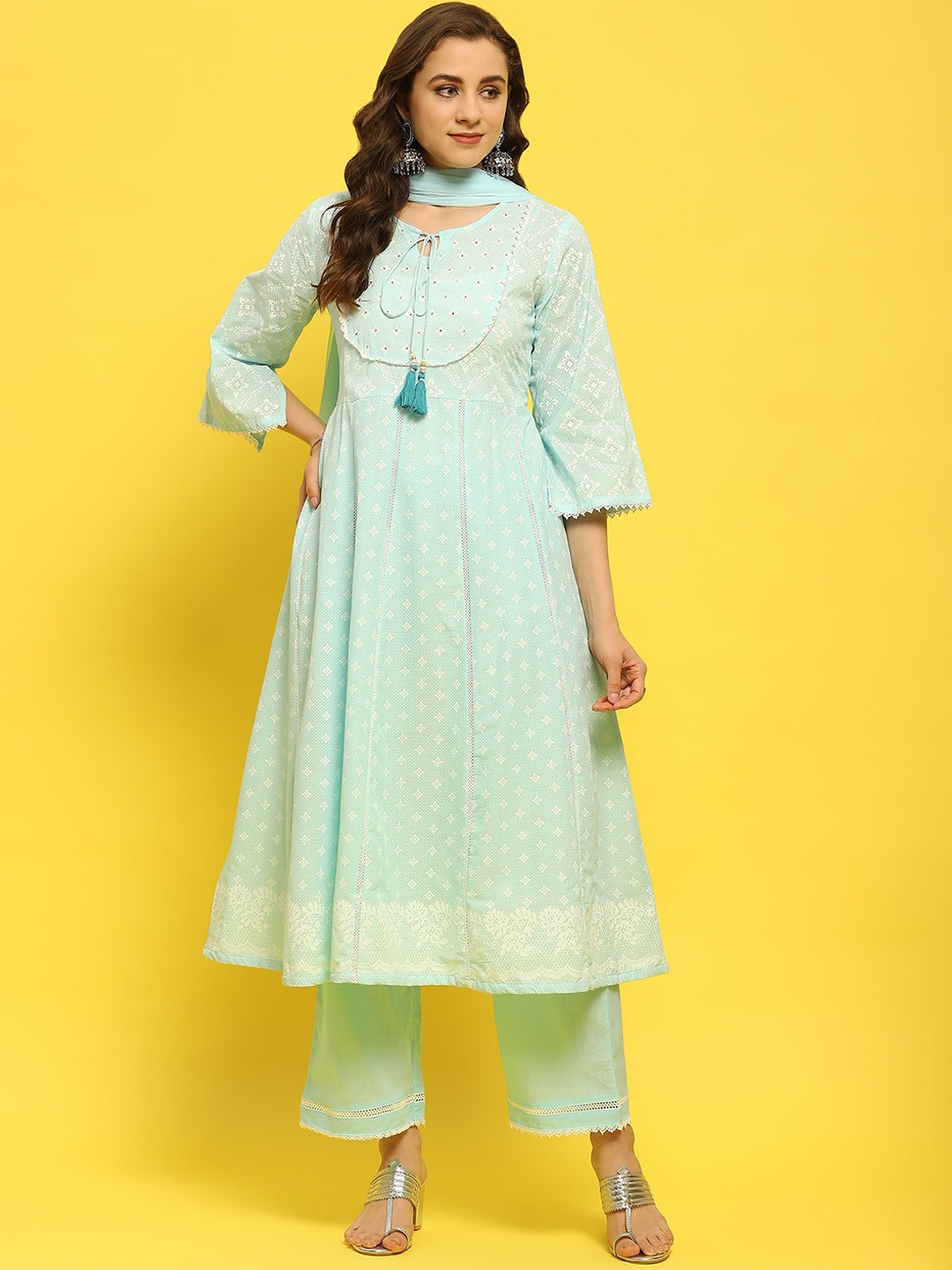 

Shree Floral Printed Regular Pure Cotton Anarkali Kurta With Trousers & With Dupatta, Blue