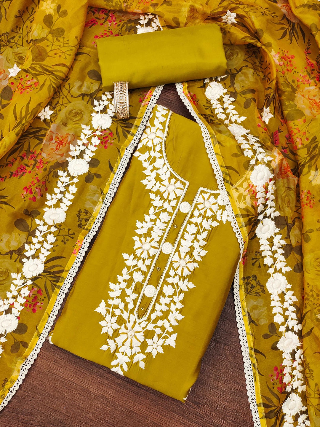 

MANVAA Floral Embroidered Unstitched Dress Material, Mustard