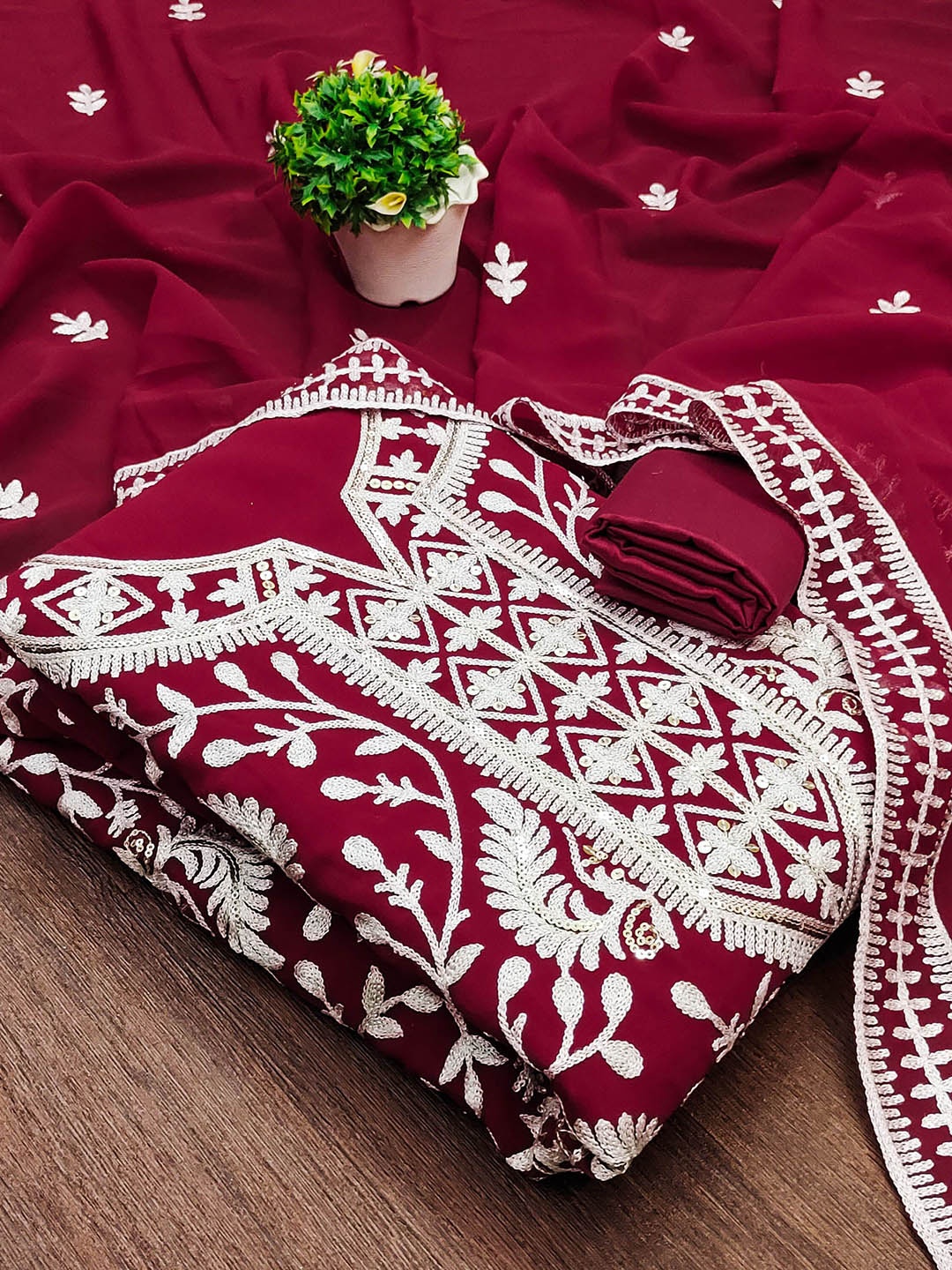 

MANVAA Floral Embroidered Unstitched Dress Material, Maroon
