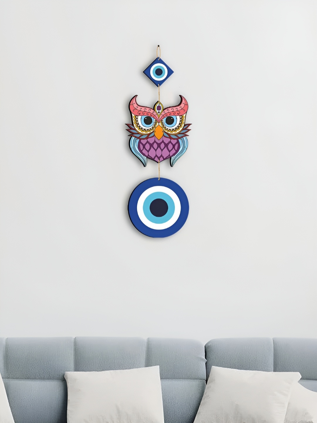 

CLAWCRAFTS Blue and White Owl and Evil Eye Detail Wooden Wall Hanging