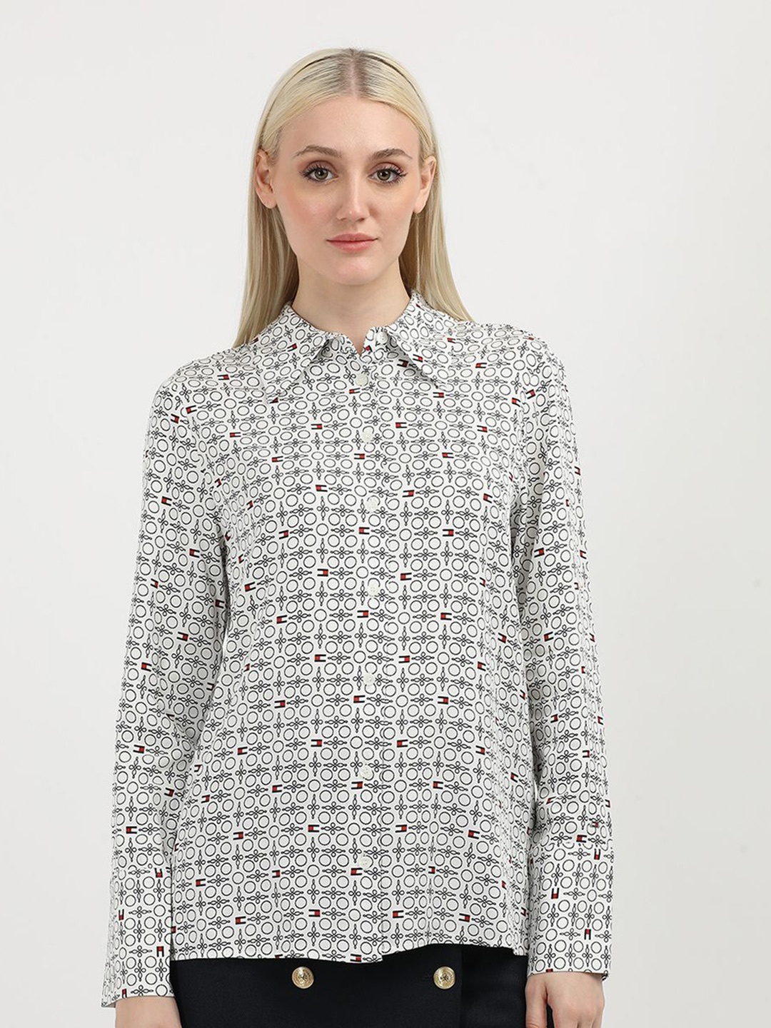 

Tommy Hilfiger Women Spread Collar Conversational Printed Casual Shirt, White