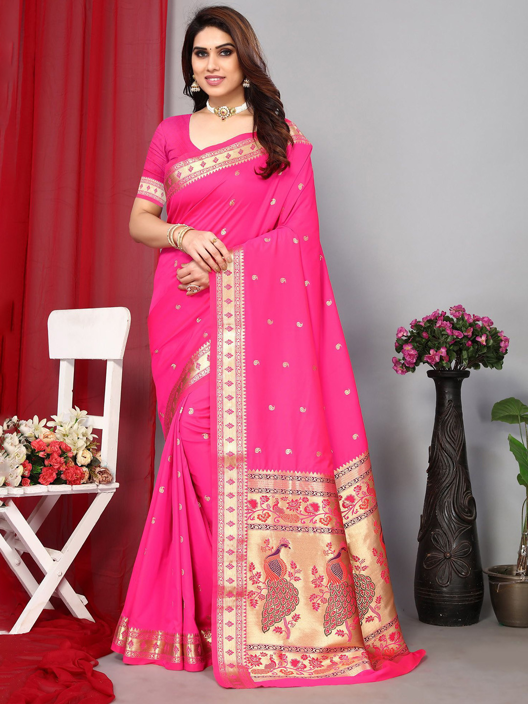 

Divyadham Textiles Ethnic Motifs Zari Pure Silk Paithani Saree, Pink