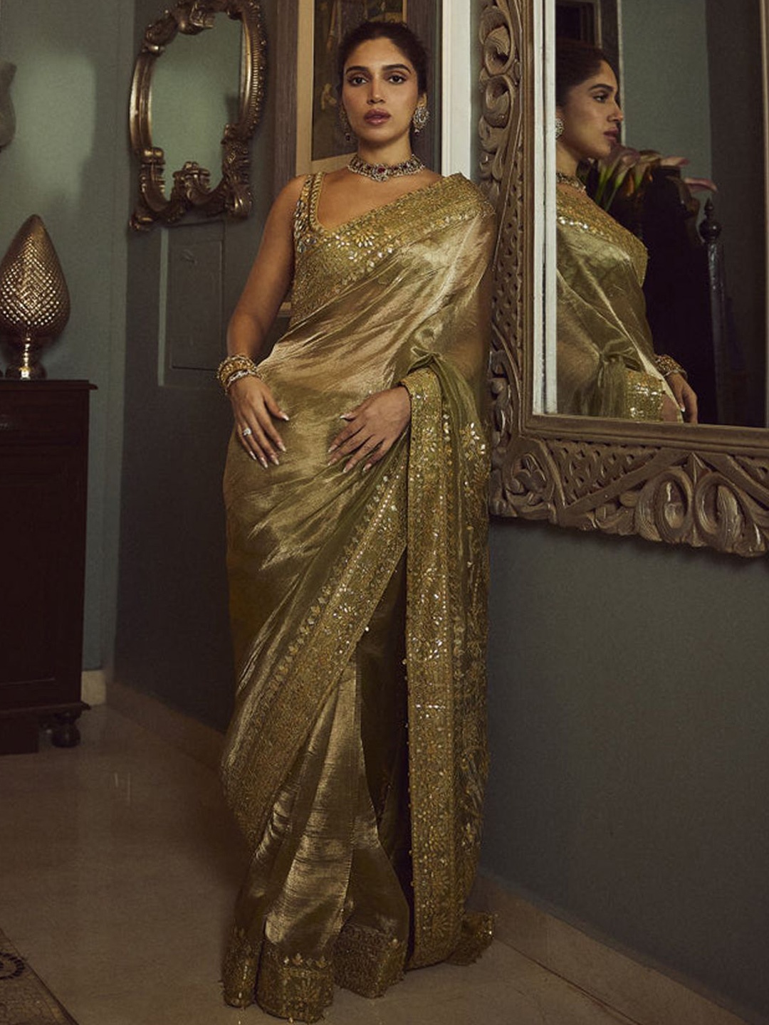 

ITRH Beads and Stones Embellished Tissue Saree, Green