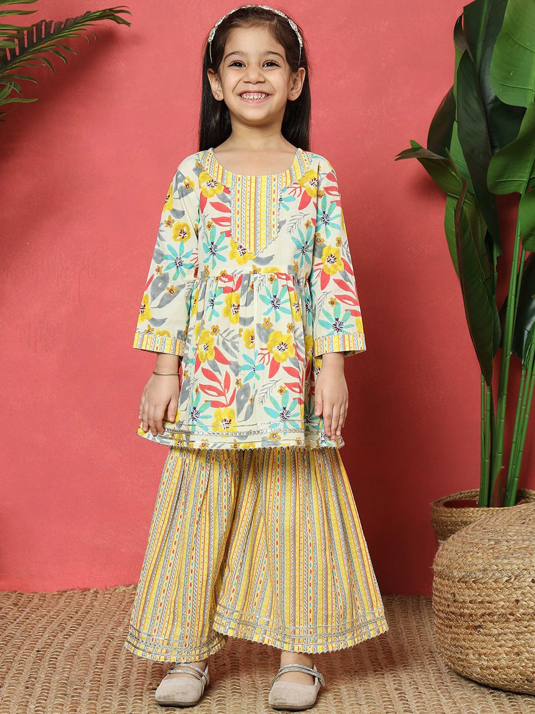 

Readiprint Fashions Girls Floral Printed Empire Gotta Patti Pure Cotton Kurti with Sharara, Yellow