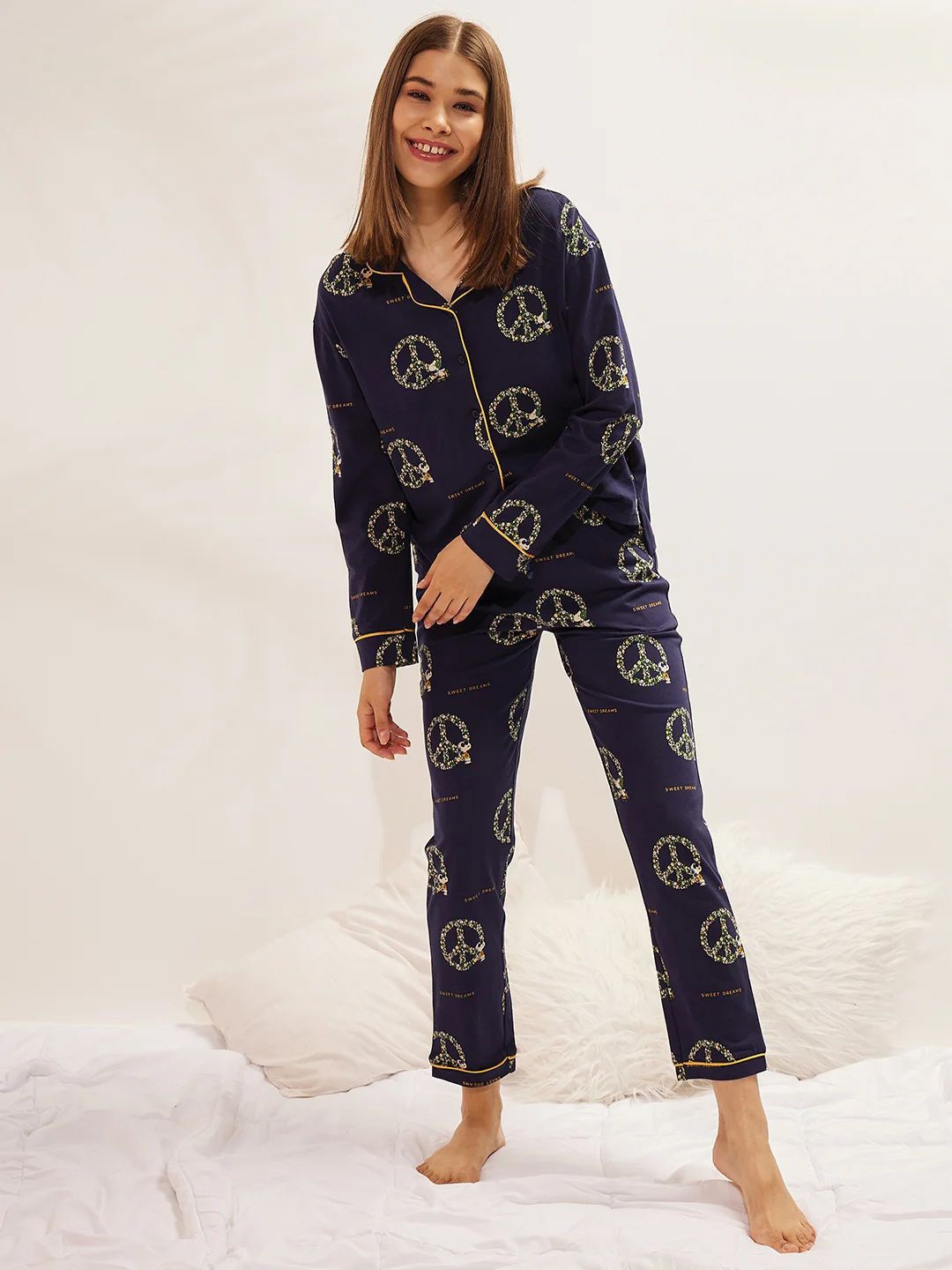 

Sweet Dreams Snoopy Front Open Pure Cotton Pyjama Set, Navy blue