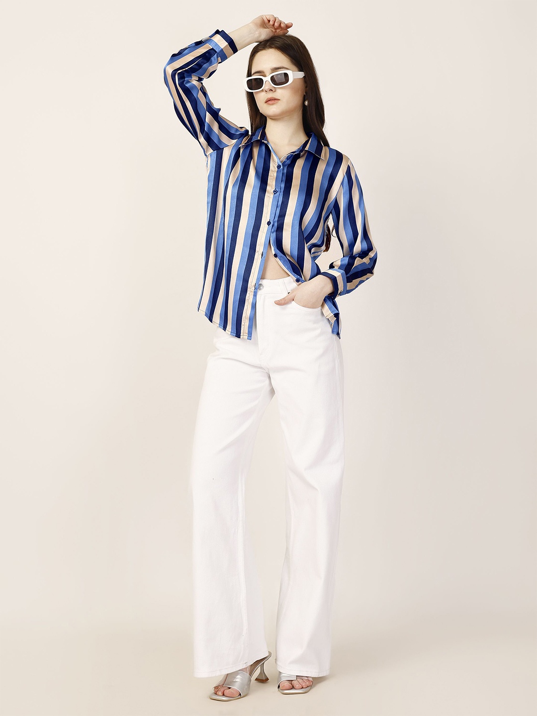 

Murcia Women Spread Collar Striped Casual Shirt, Blue