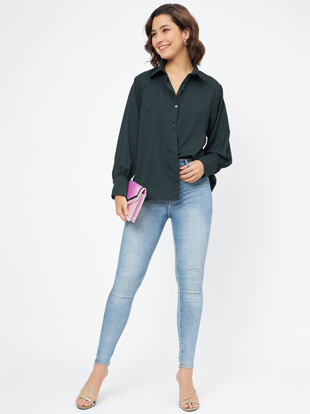 

Murcia Women Spread Collar Solid Crepe Casual Shirt, Green