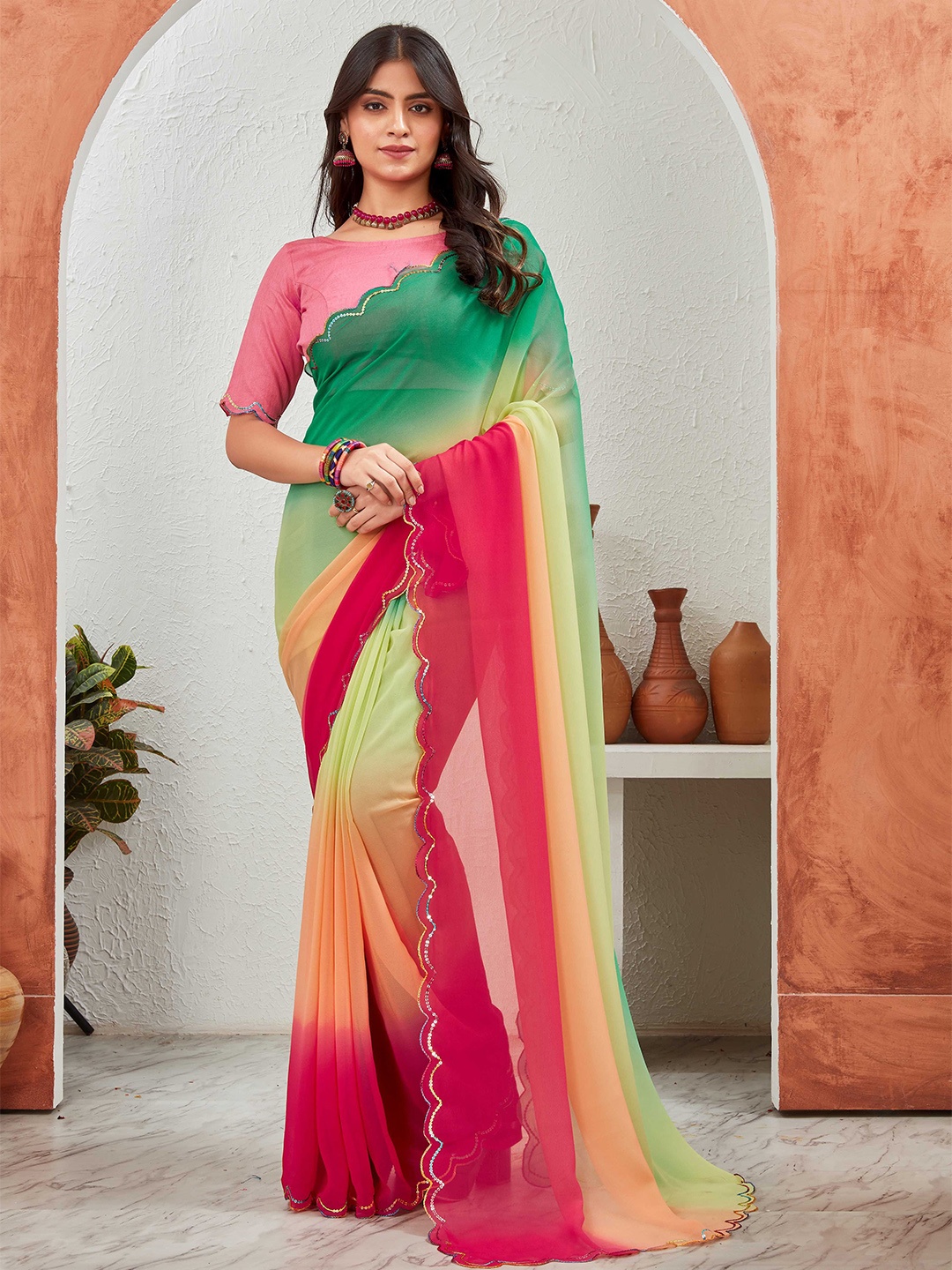 

Globon Impex Ombre Sequinned Pure Georgette Saree, Pink