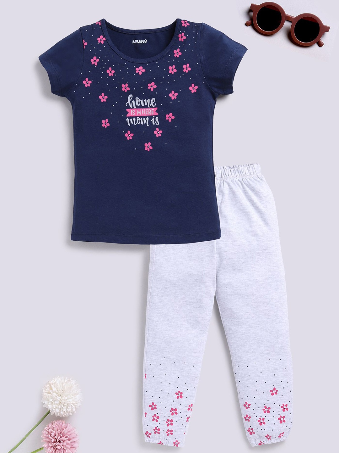 

MIMINO Girls Floral Printed Night suit, Blue