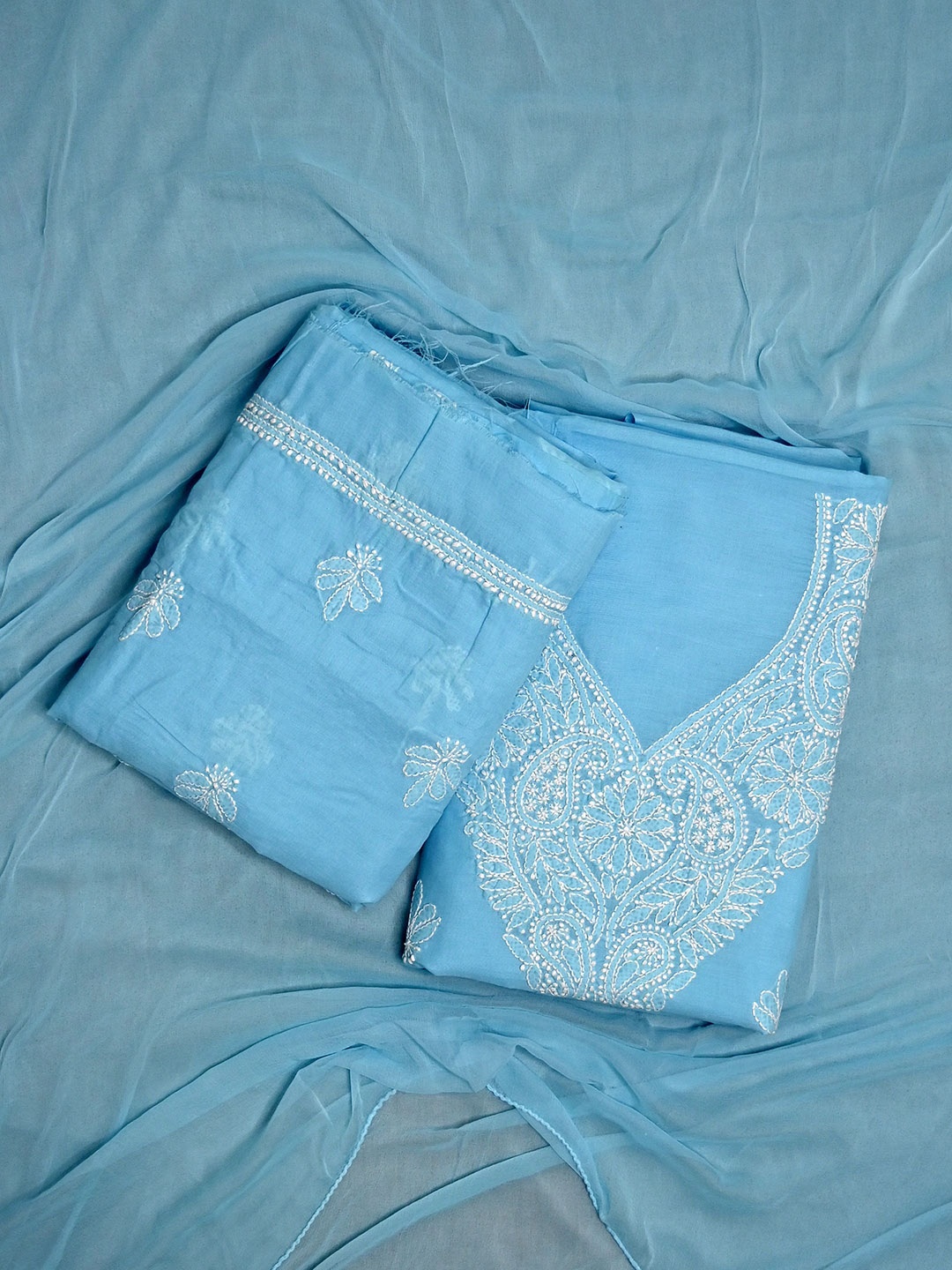 

Seva Chikan Ethnic Motifs Embroidered Chikankari Unstitched Dress Material, Blue