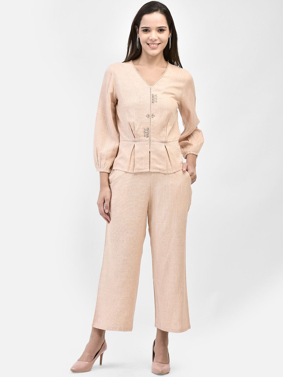 

FUTURO V-Neck Puff Sleeves Top With Trousers, Peach