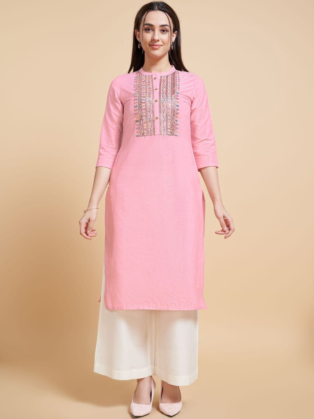 

Suha Floral Yoke Design Mandarin Collar Sequinned Straight Kurta, Pink
