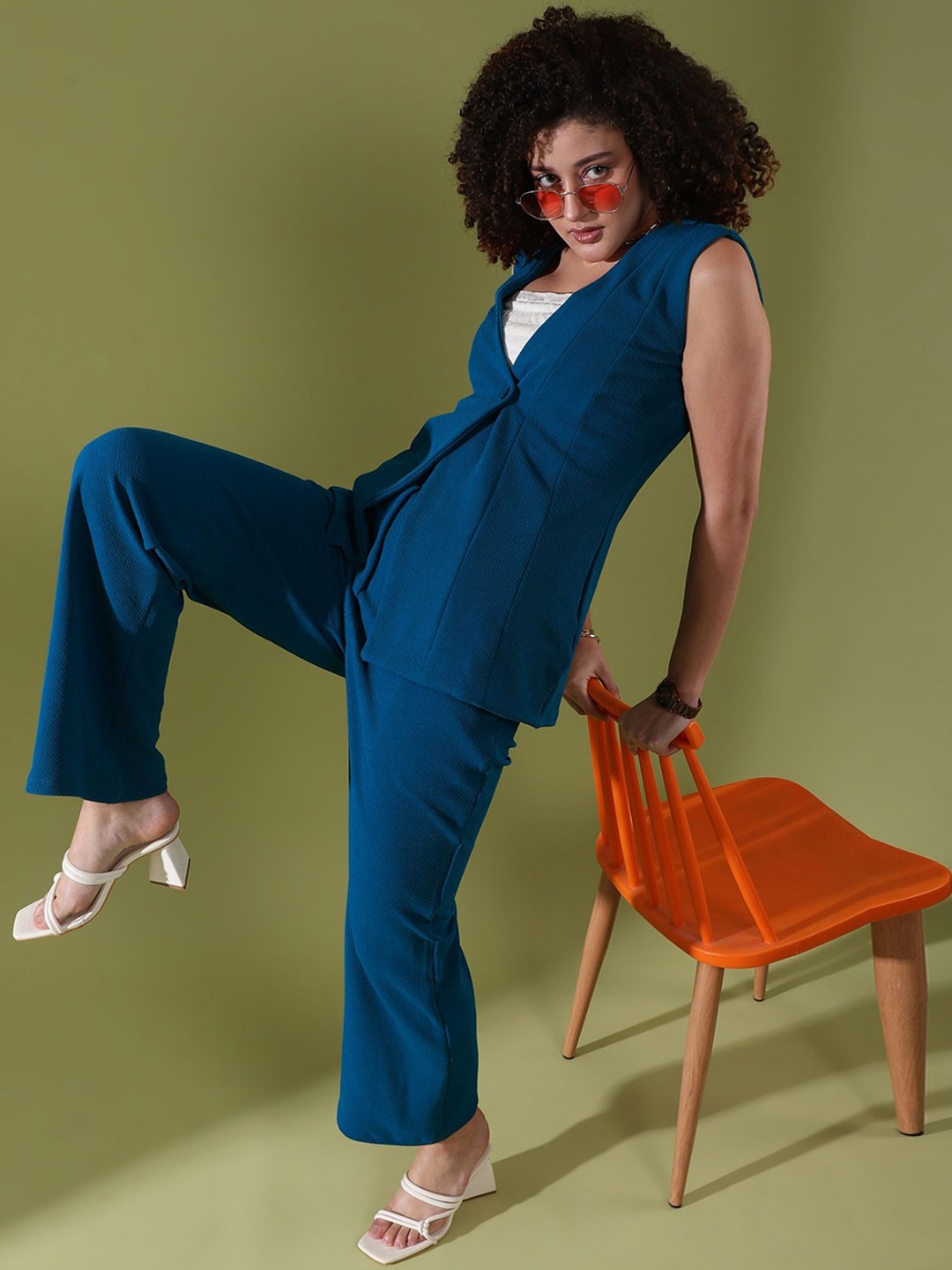 

SIDYAL V-Neck Sleeveless Blazer With Trousers, Teal