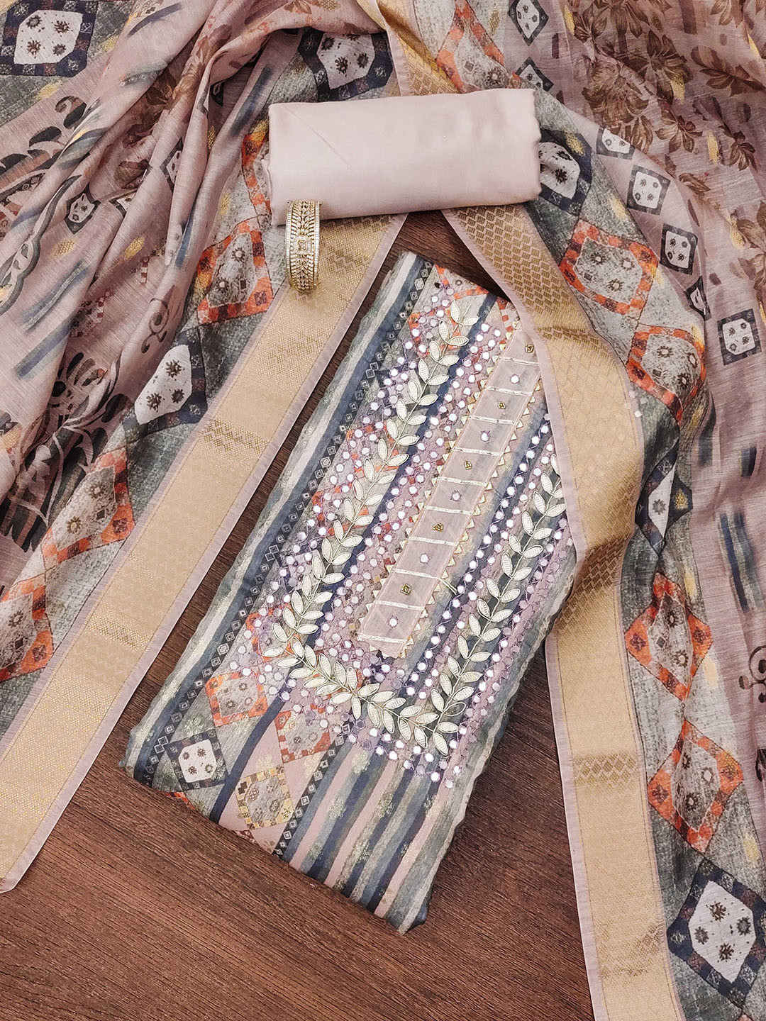 

MANVAA Floral Embellished Gotta Patti Jacquard Unstitched Dress Material, Rose gold