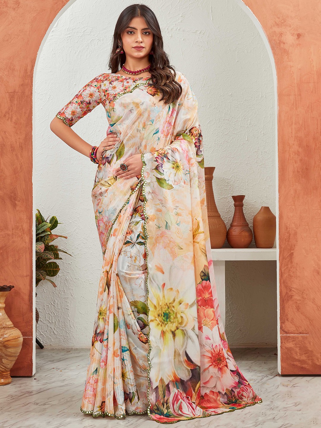 

Globon Impex Floral Mirror Work Pure Chiffon Saree, Beige