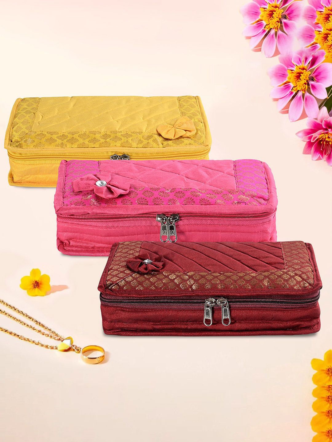 

Kuber Industries Yellow & Maroon 3 Pieces Self Design Jewellery Organisers