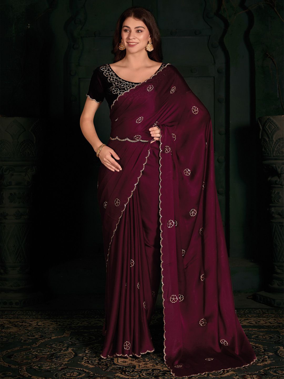 

Anouk Floral Beads and Stones Satin Saree, Burgundy