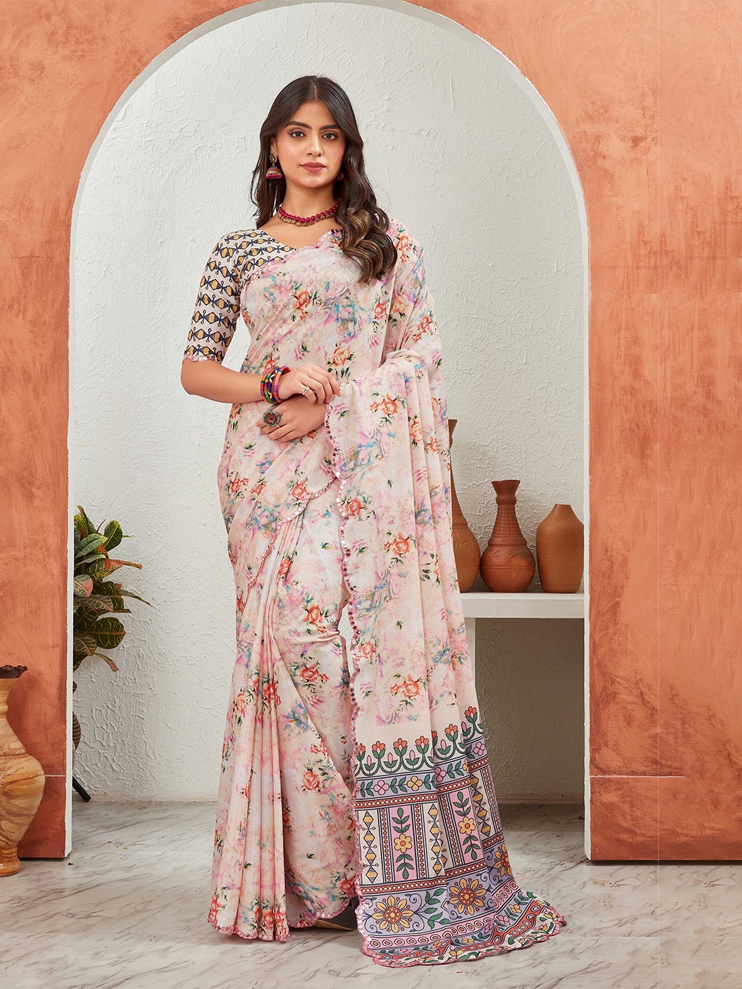 

Globon Impex Floral Mirror Work Pure Chiffon Saree, Cream