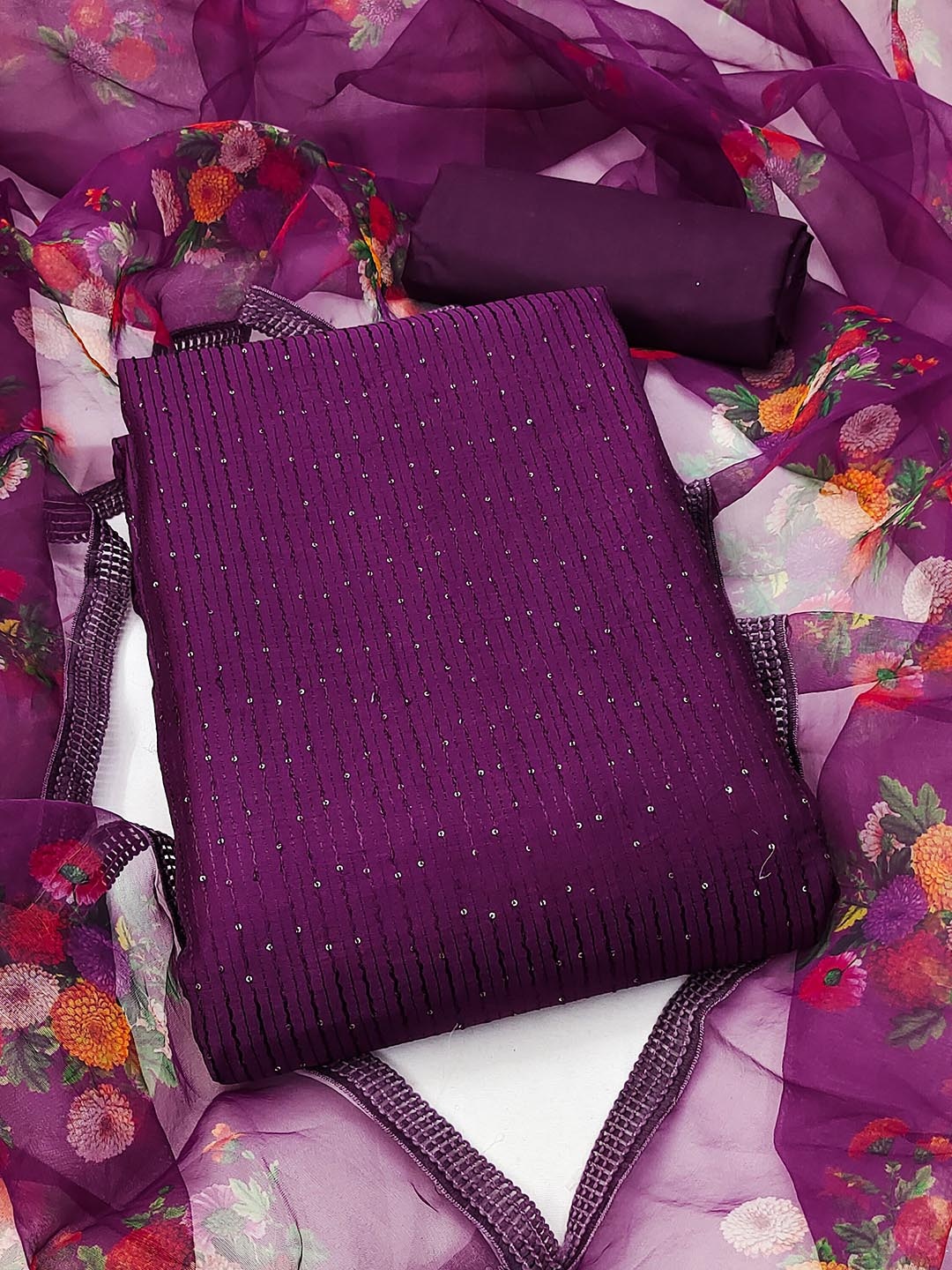

MANVAA Floral Embroidered Sequinned Unstitched Dress Material, Violet