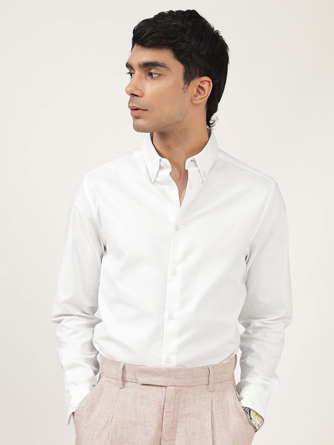 

Andamen Men Premium Button-Down Collar Solid Cotton Casual Shirt, White