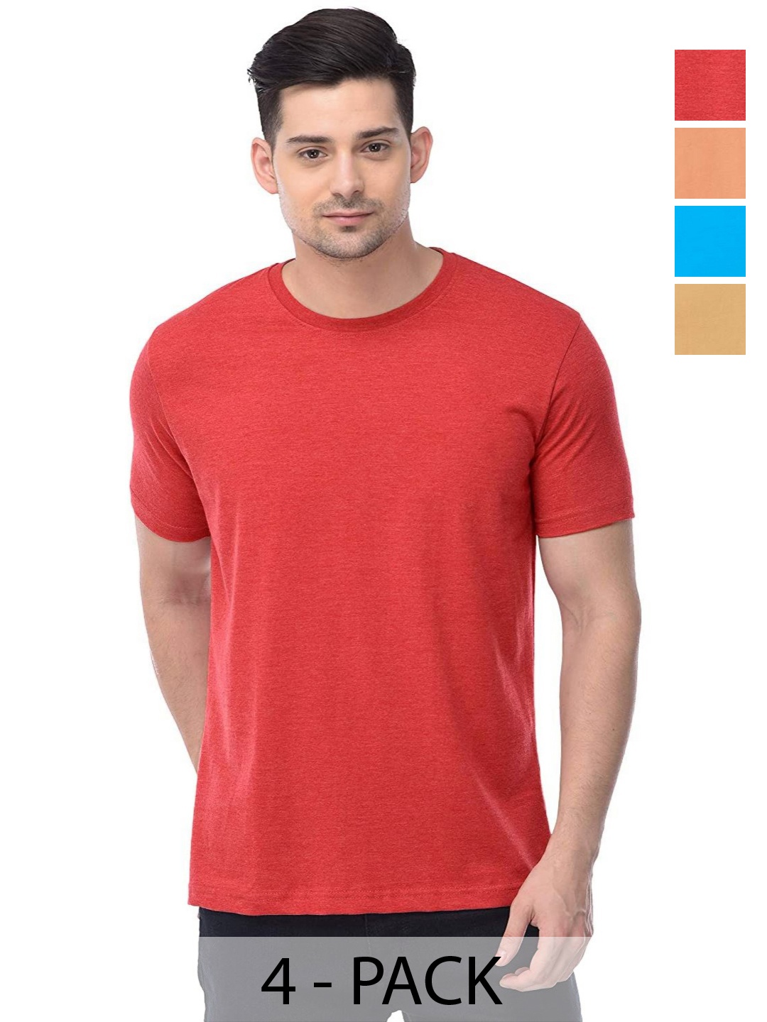 

COLOR CAPITAL Unisex Pack Of 4 Solid Round Neck Cotton T-shirts, Red