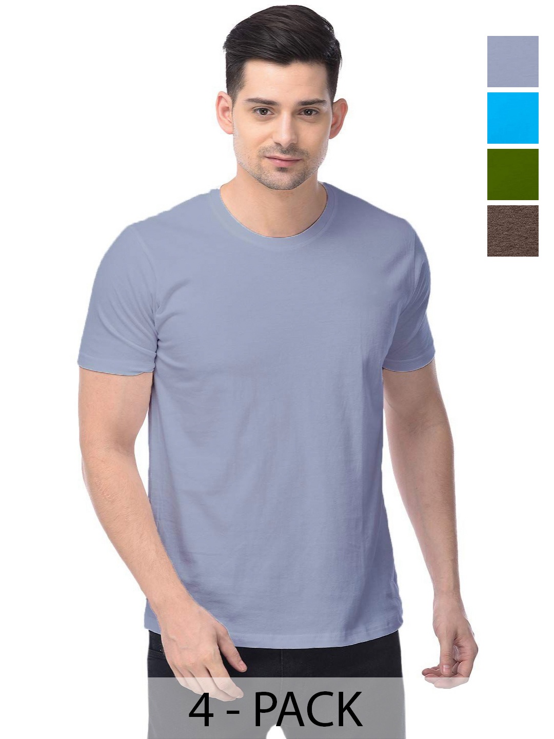 

COLOR CAPITAL Unisex Pack Of 4 Solid Round Neck Cotton T-shirts, Olive