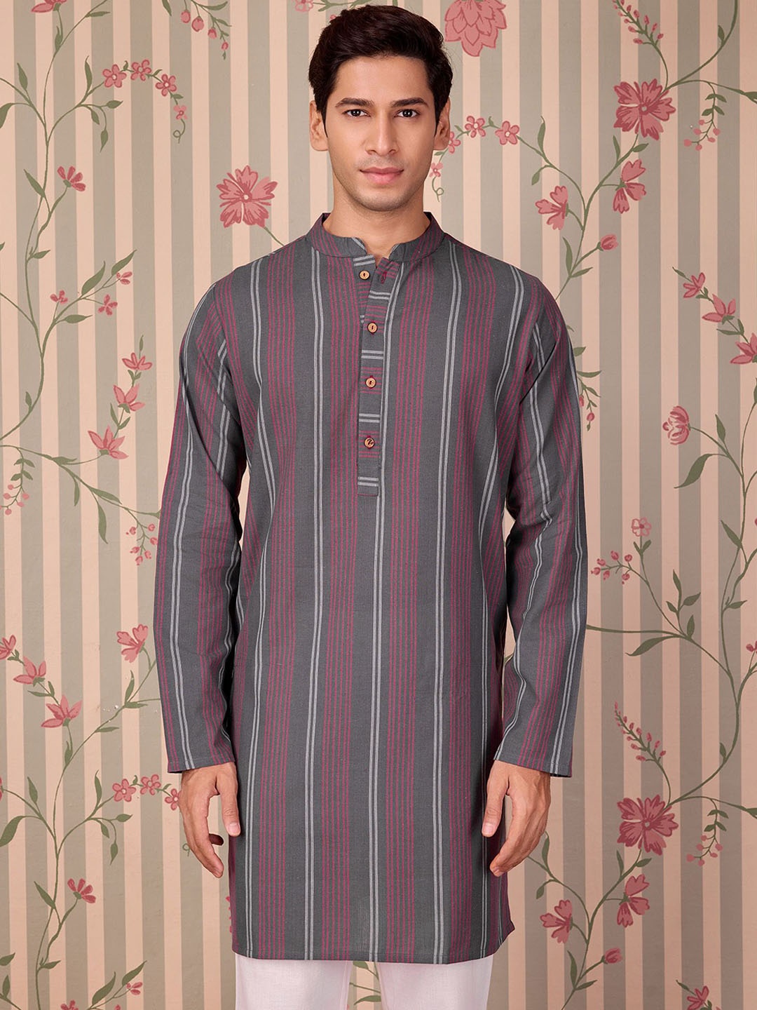 

Anouk Men Striped Thread Work Anarkali Kurta, Grey