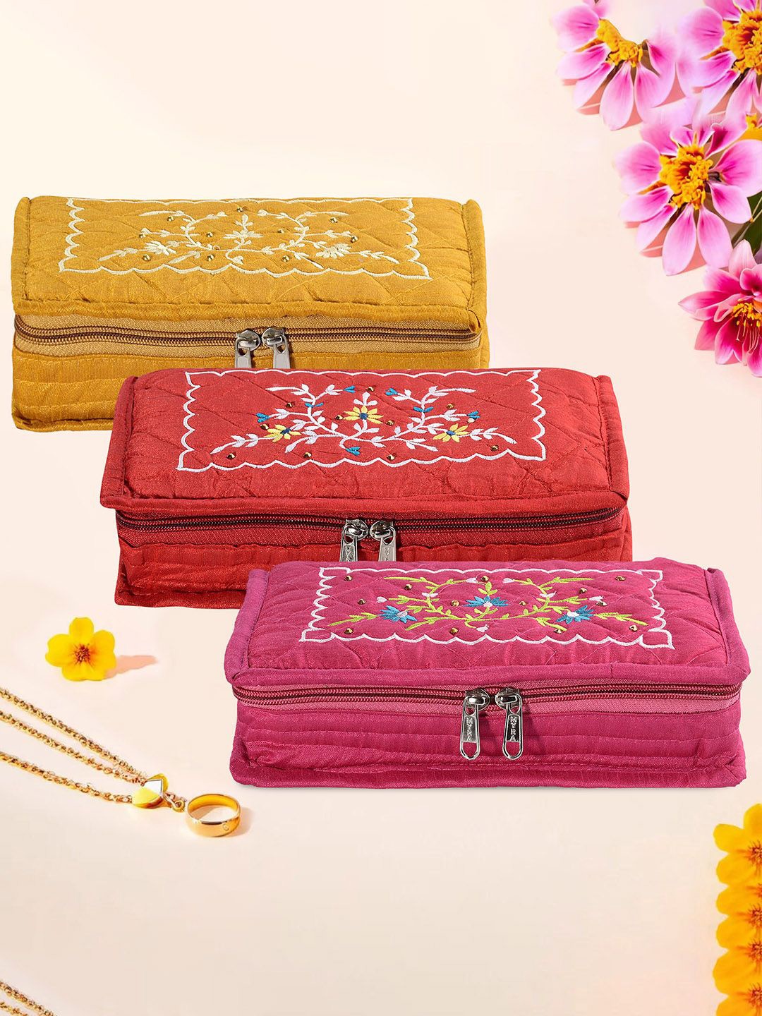 

Kuber Industries Yellow & Pink 3 Pieces Self Design Jewellery Organisers