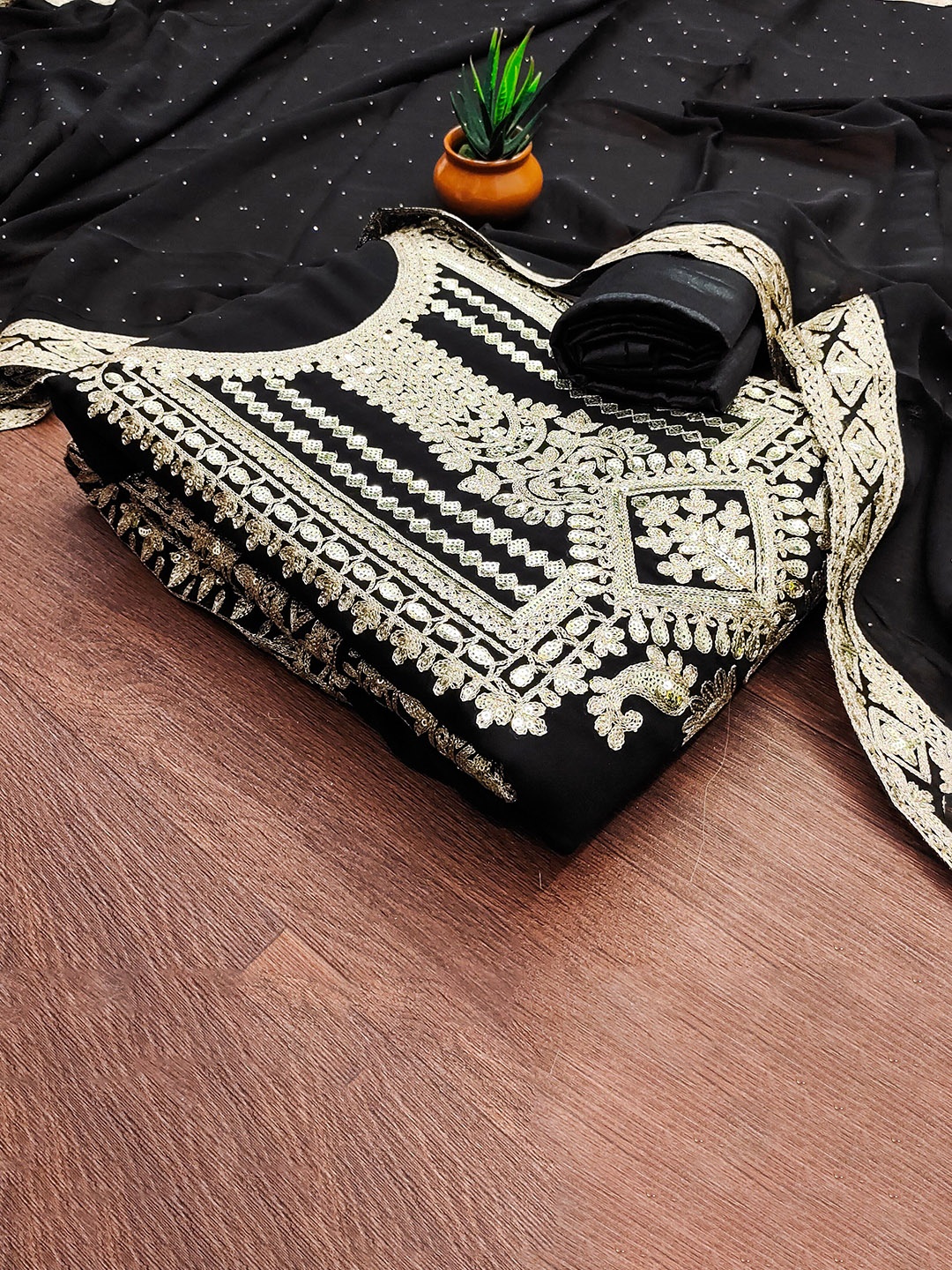 

MANVAA Embroidered Sequinned Unstitched Dress Material, Black