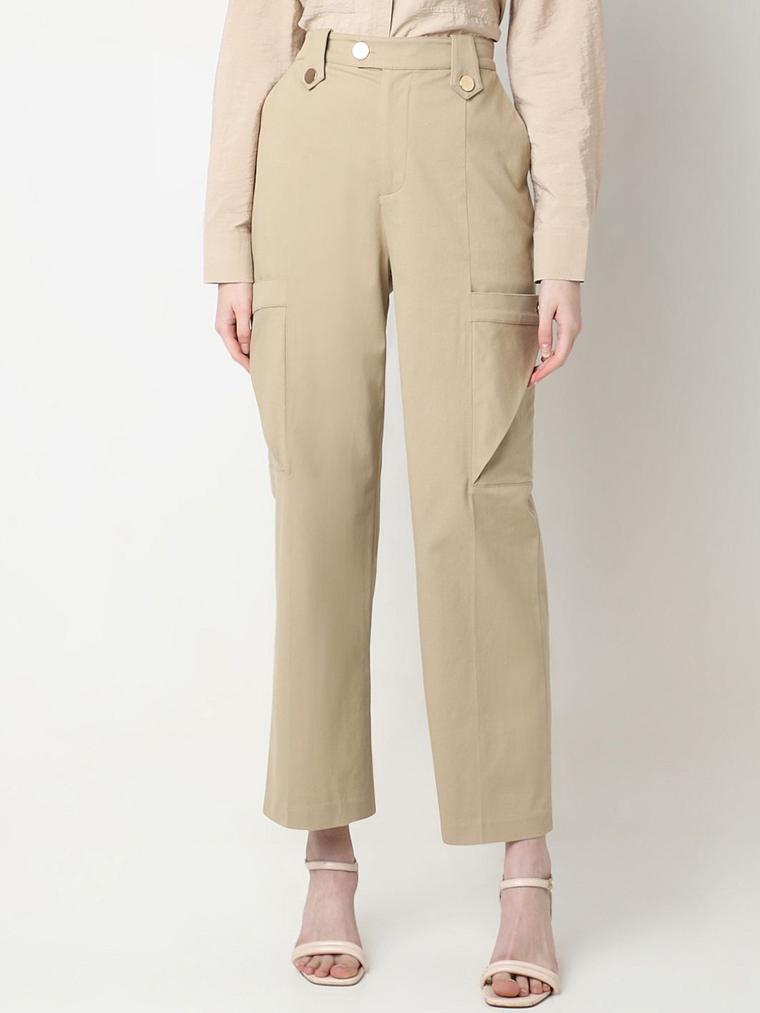 

Vero Moda Women Straight Fit High-Rise Casual Cargos Trousers, Beige
